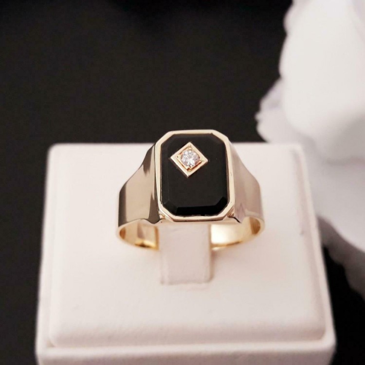 park handtekening ui Ring ~ Gouden 14 karaats Heren Zegel Ring met Onyx & Diamant